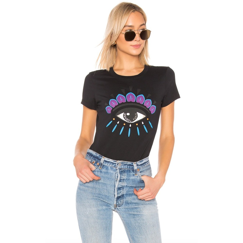 Revolve Kenzo Classic Eye Black Shirt Womens Small Luxury Chic Paris Casual‎ EUC